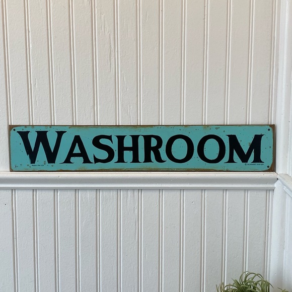 DISCONTINUED Vintage Anthropologie Mummert Sign Co. Aqua Metal “Washroom” Sign - Picture 5 of 7